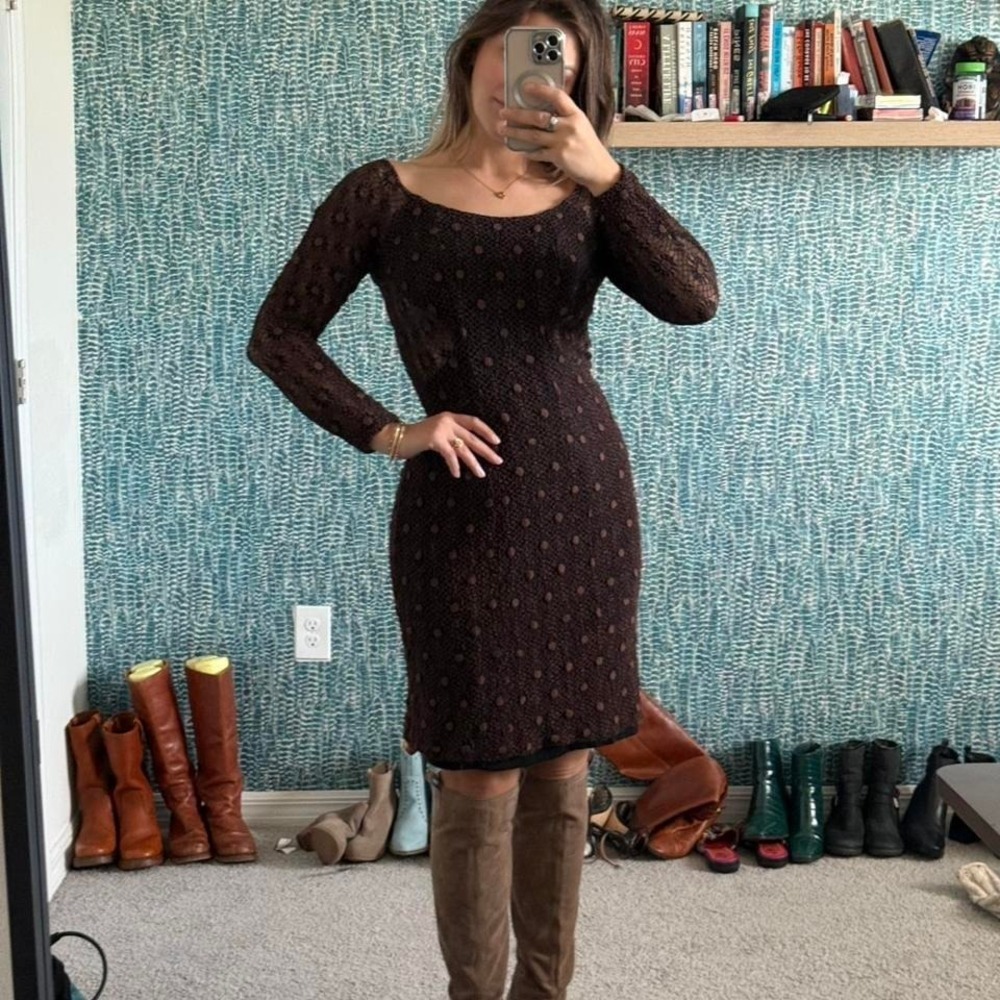 Y2K Georgette brown lace long sleeve midi dress - Picture 2 of 3